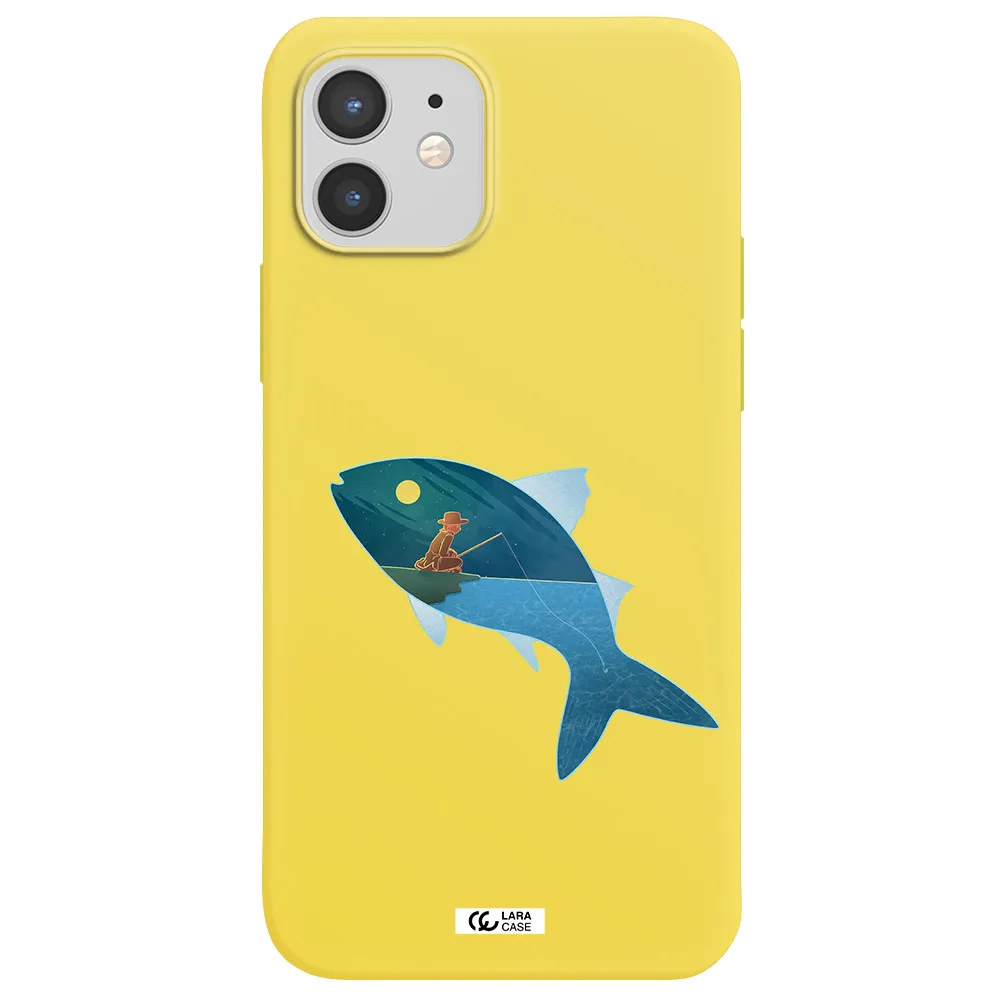 a fish with a man fishing Apple iPhone 12 mini Silicone canary yellow Case