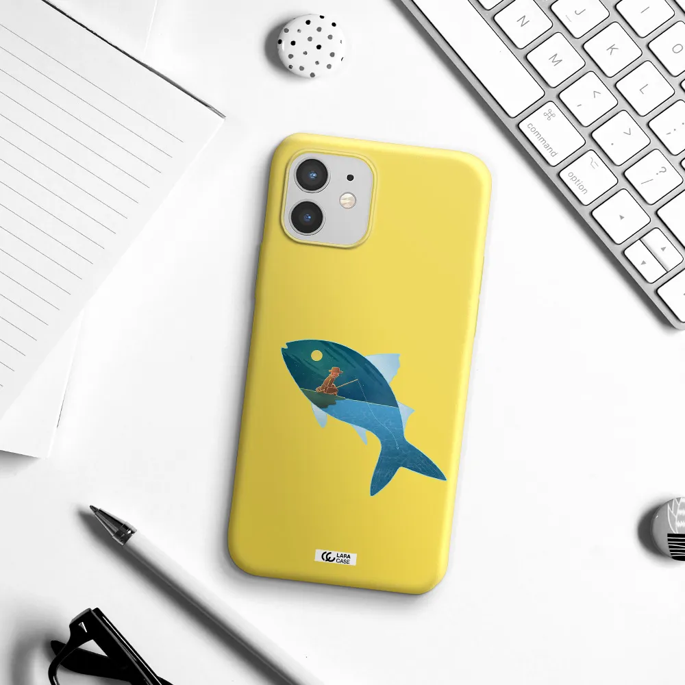 a fish with a man fishing Apple iPhone 12 mini Silicone canary yellow Case
