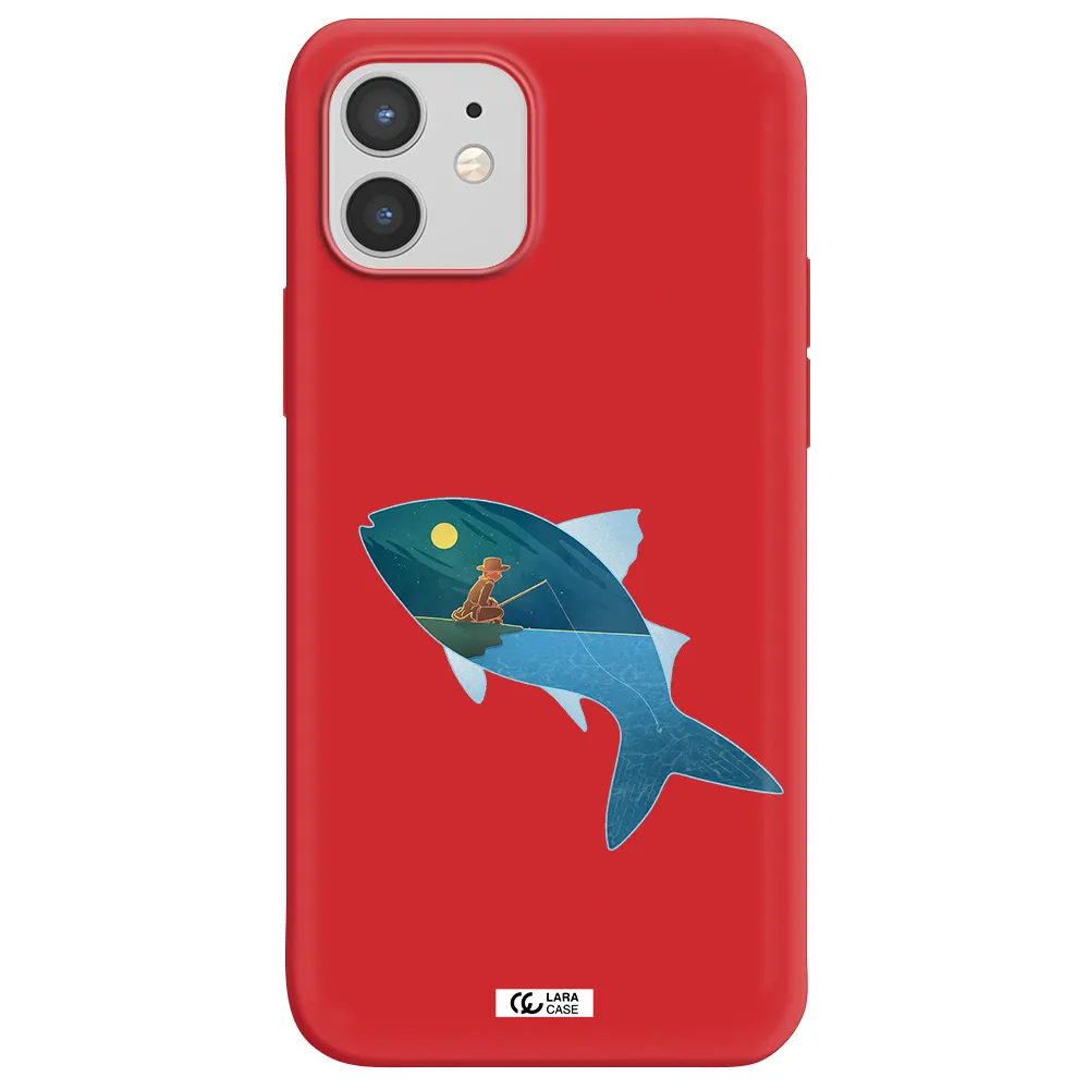 a fish with a man fishing Apple iPhone 12 mini Silicone Imperial Red Case