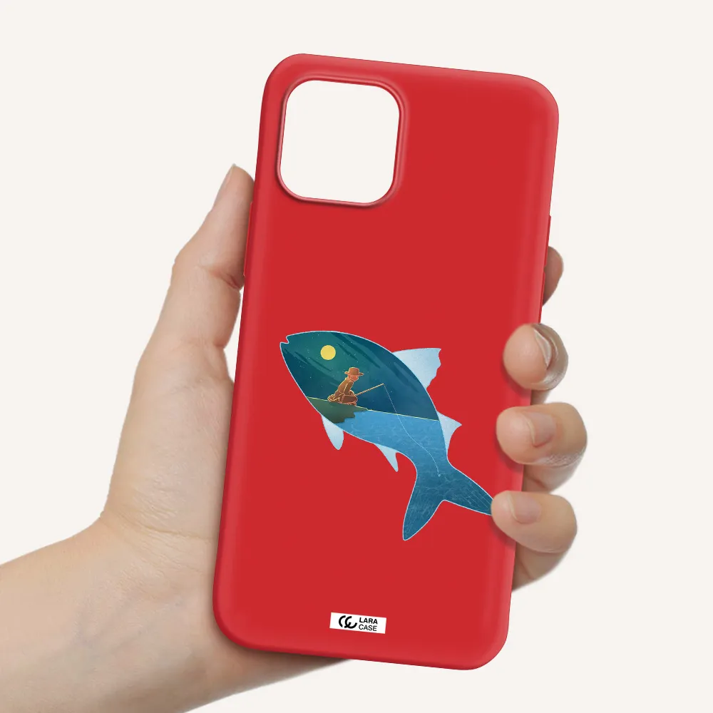 a fish with a man fishing Apple iPhone 12 mini Silicone Imperial Red Case