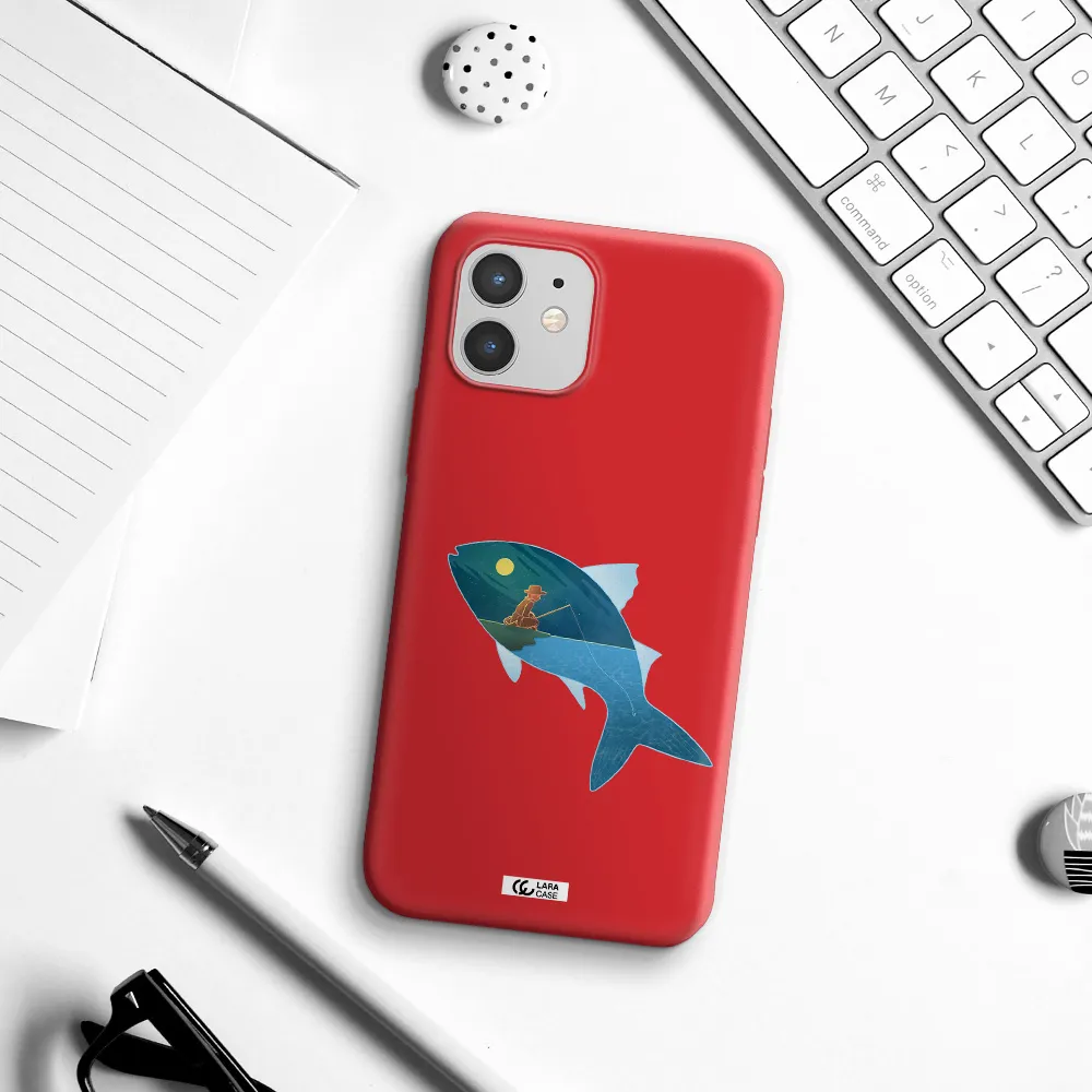 a fish with a man fishing Apple iPhone 12 mini Silicone Imperial Red Case