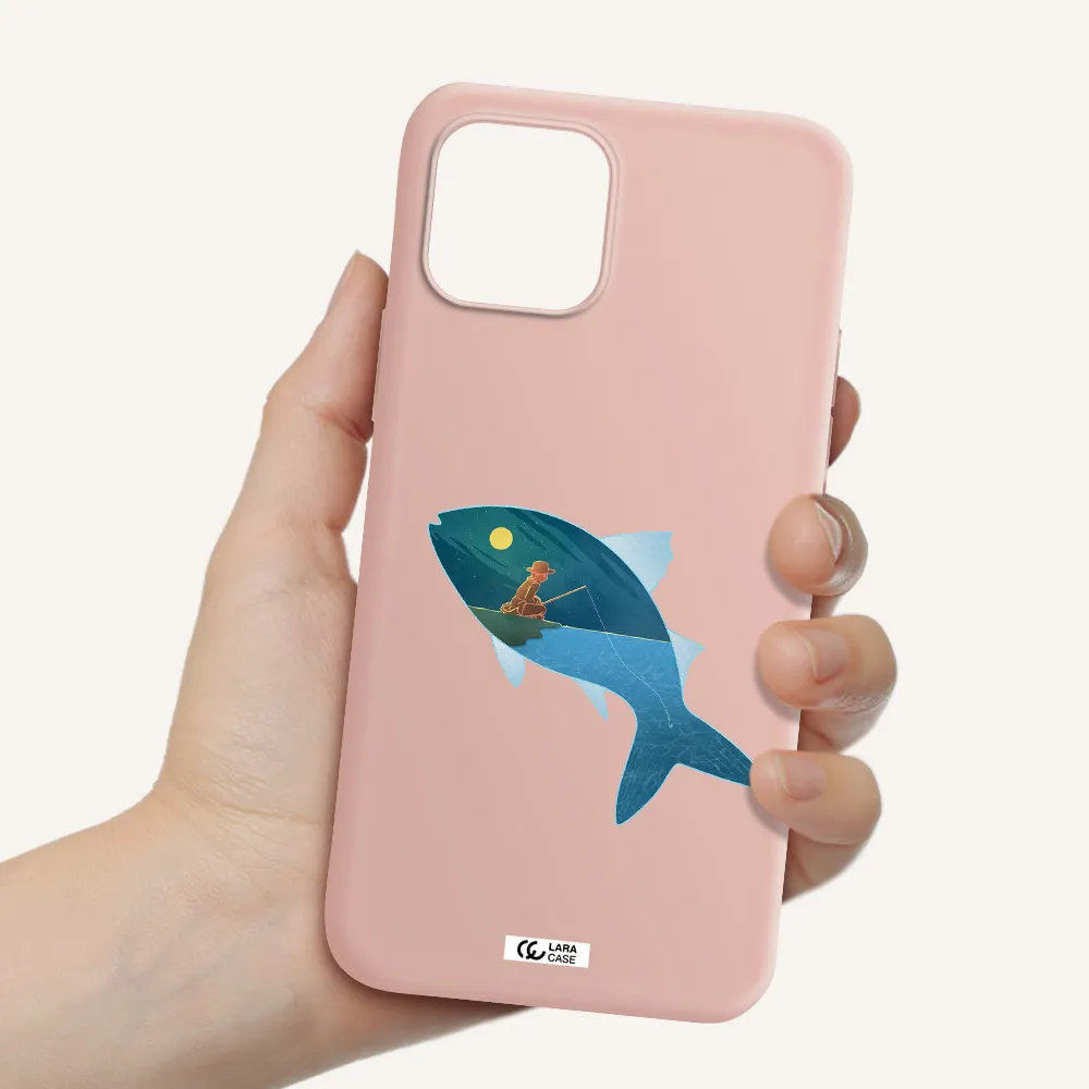 a fish with a man fishing Apple iPhone 12 mini Silicone pastel pink Case