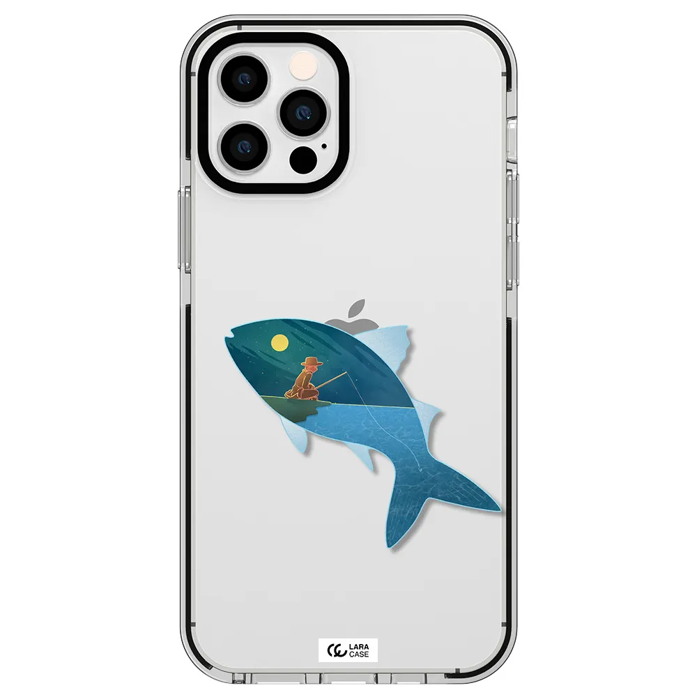 a fish with a man fishing Apple iPhone 12 pro impact black border Case