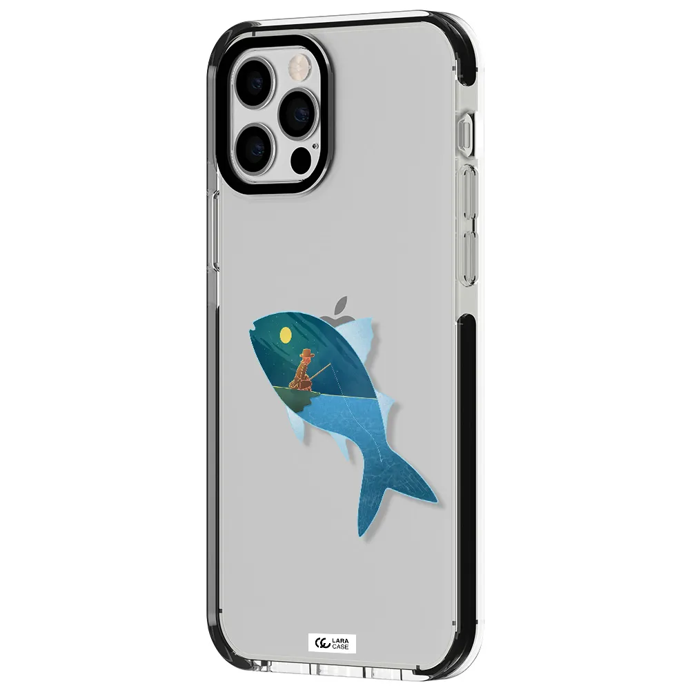 a fish with a man fishing Apple iPhone 12 pro impact black border Case
