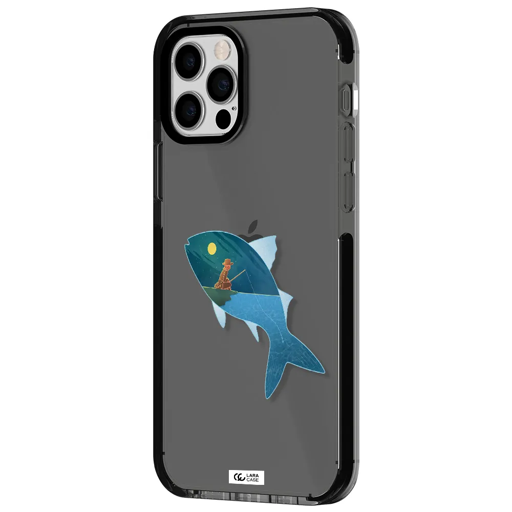a fish with a man fishing Apple iPhone 12 pro impact Smoke Black Case