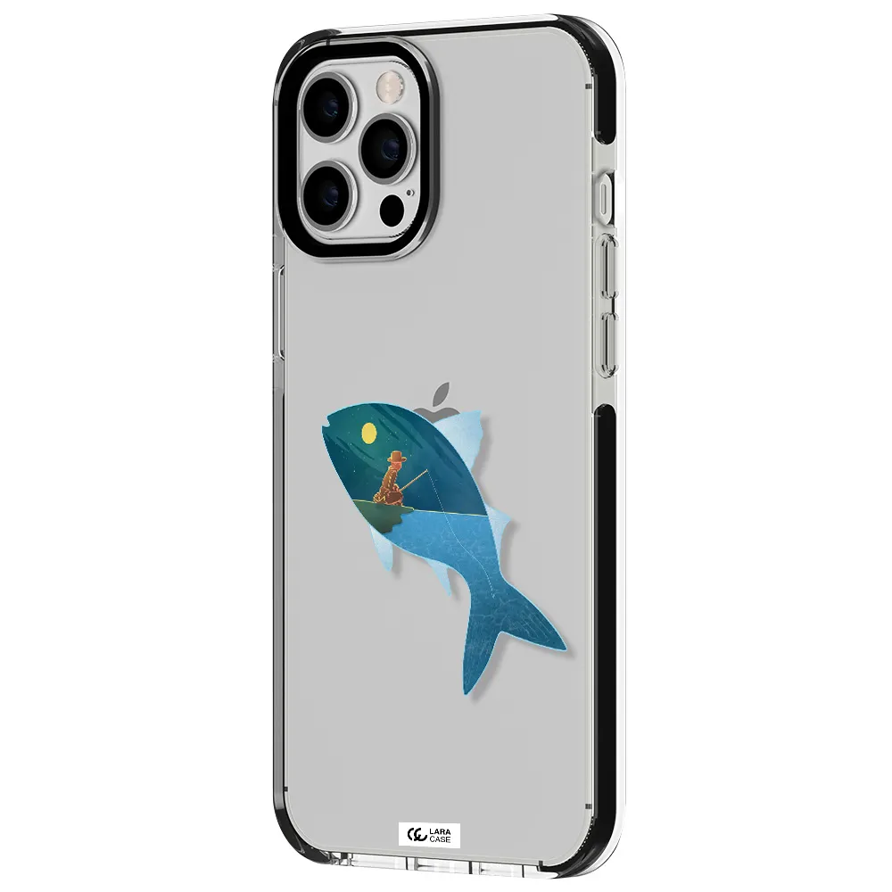 a fish with a man fishing Apple iPhone 12 pro max impact black border Case