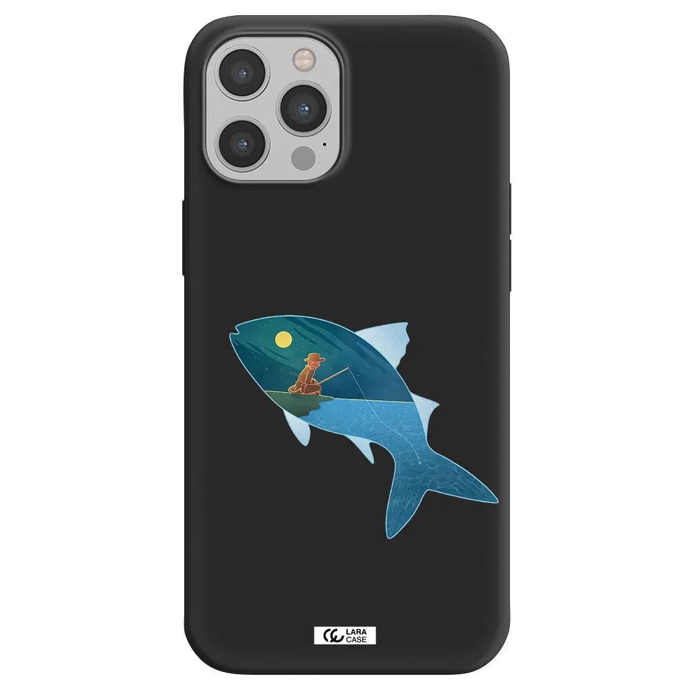 a fish with a man fishing Apple iPhone 12 pro max Silicone black Case