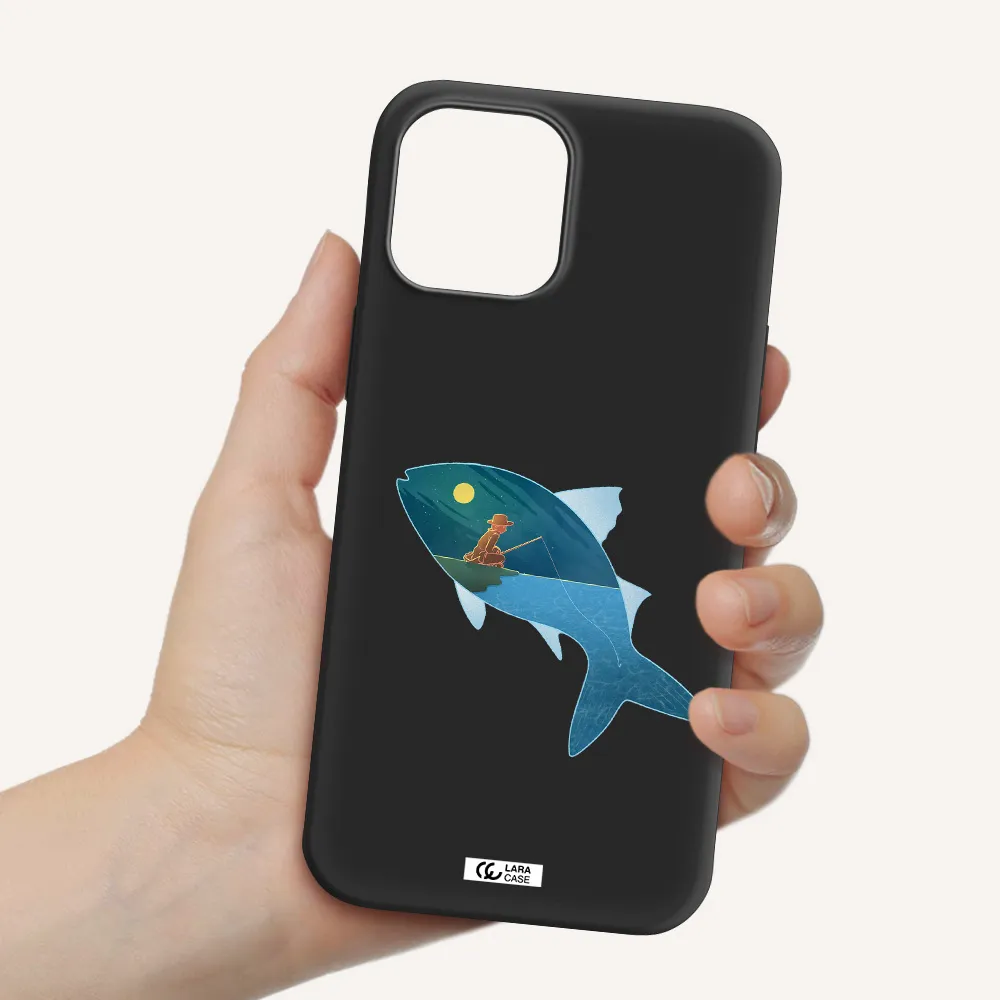 a fish with a man fishing Apple iPhone 12 pro max Silicone black Case