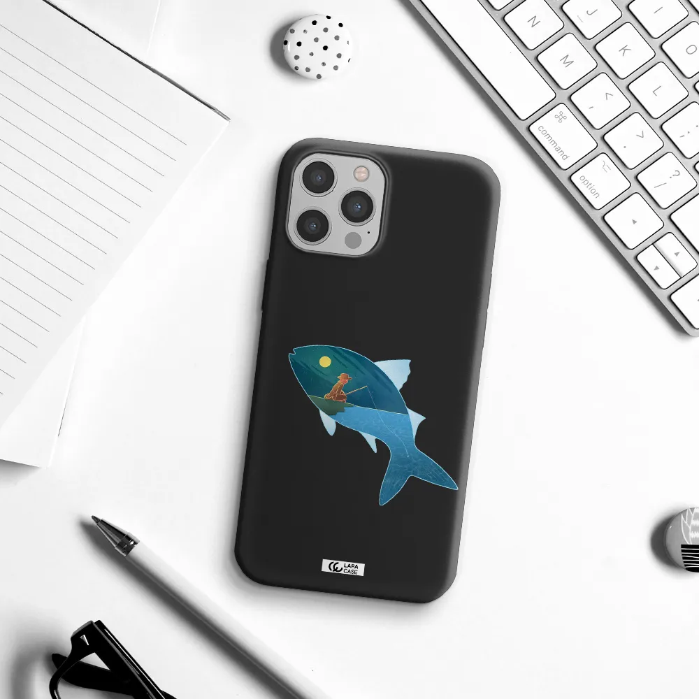 a fish with a man fishing Apple iPhone 12 pro max Silicone black Case