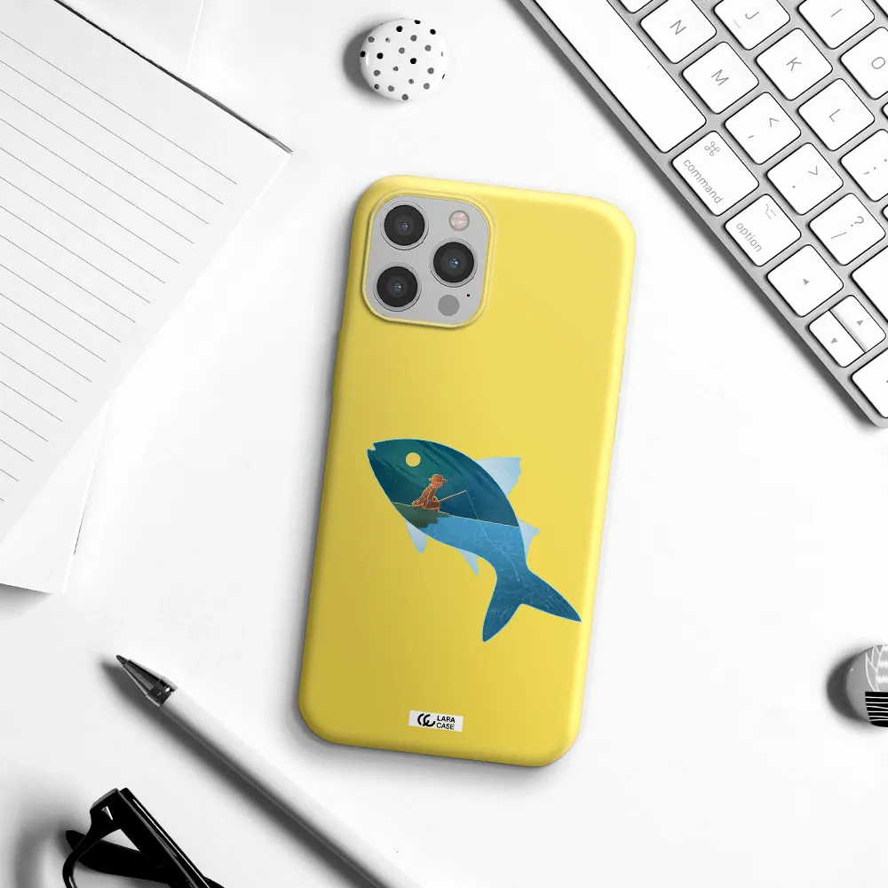 a fish with a man fishing Apple iPhone 12 pro max Silicone canary yellow Case