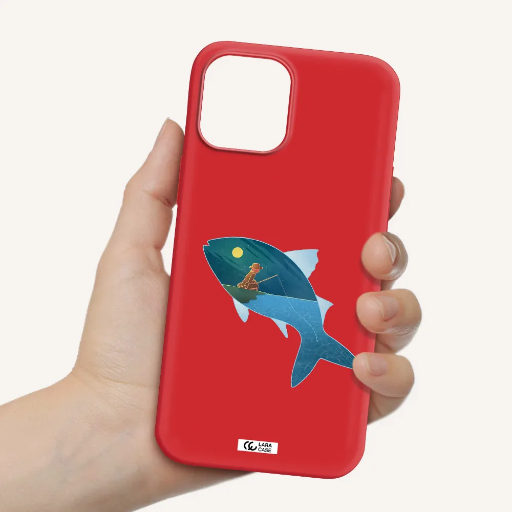 a fish with a man fishing Apple iPhone 12 pro max Silicone Imperial Red Case