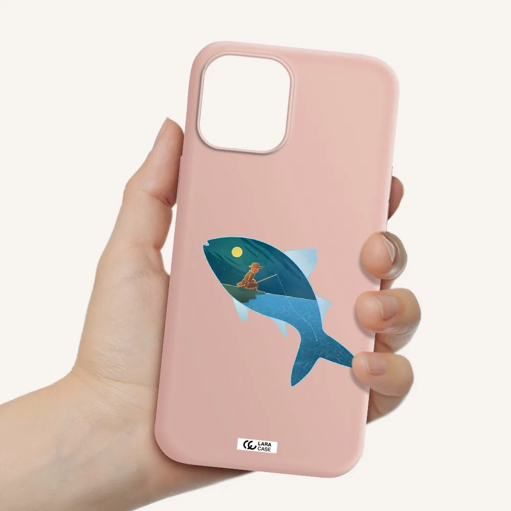 a fish with a man fishing Apple iPhone 12 pro max Silicone pastel pink Case