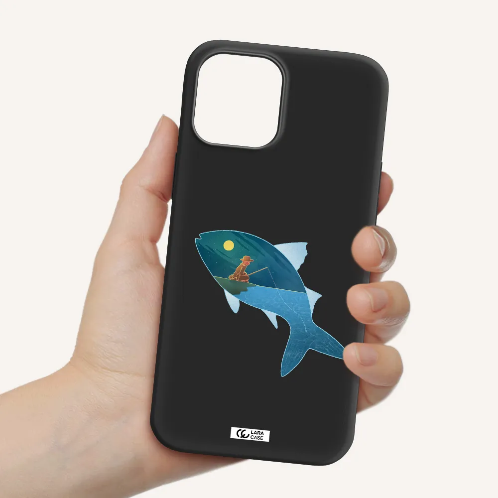 a fish with a man fishing Apple iPhone 12 pro Silicone black Case