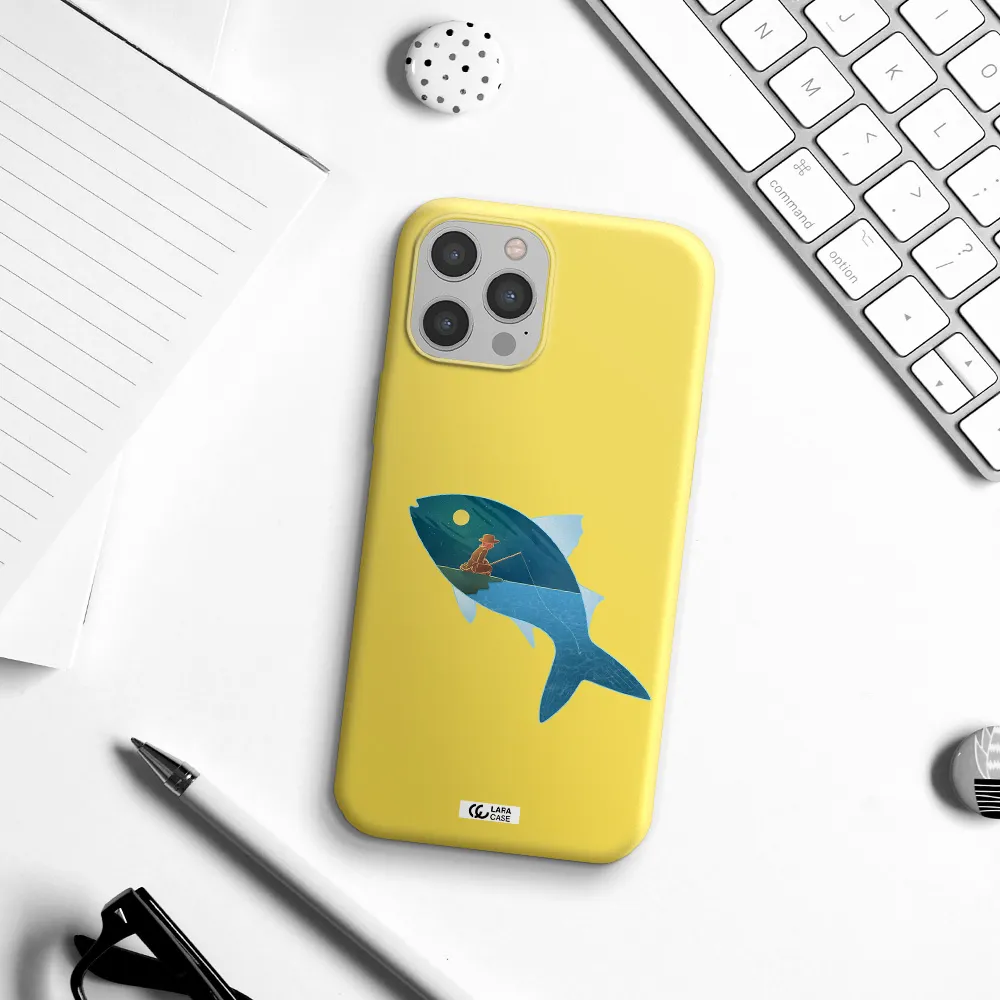 a fish with a man fishing Apple iPhone 12 pro Silicone canary yellow Case