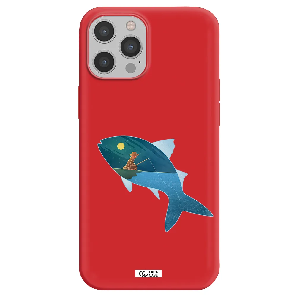 a fish with a man fishing Apple iPhone 12 pro Silicone Imperial Red Case
