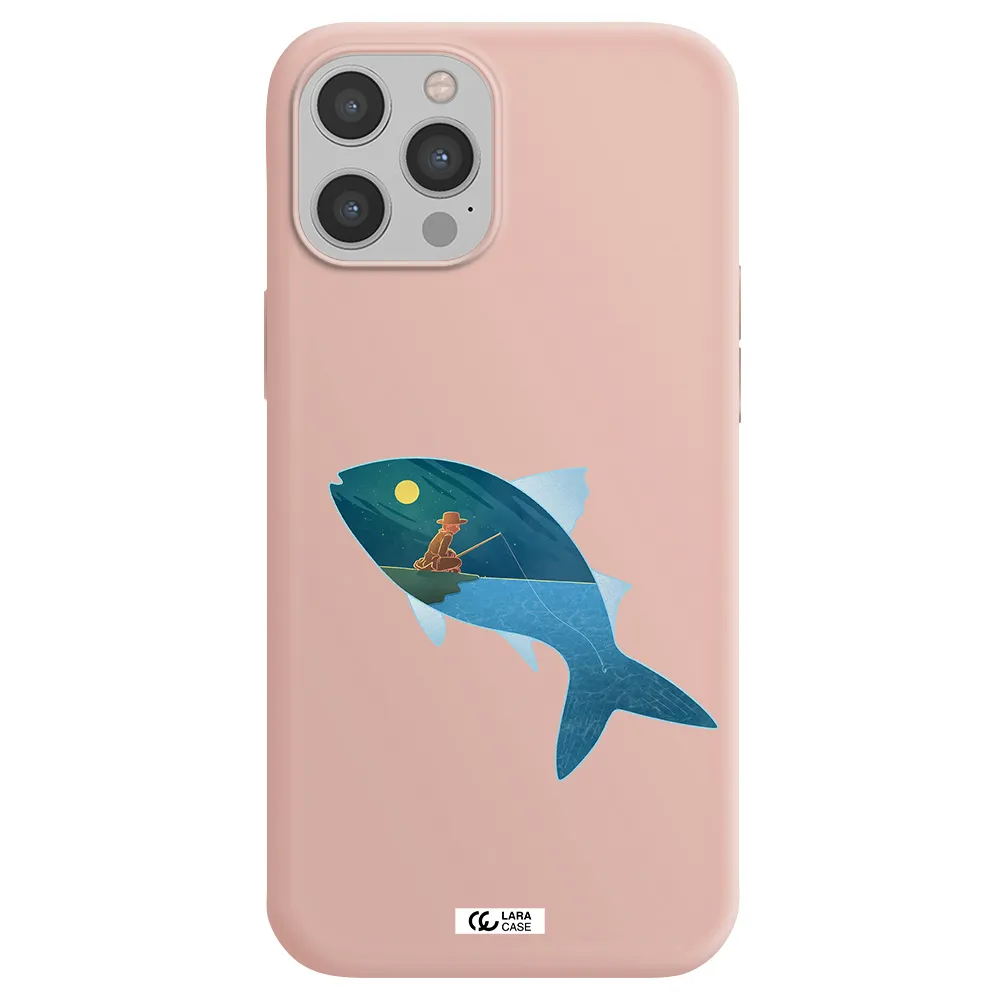a fish with a man fishing Apple iPhone 12 pro Silicone pastel pink Case