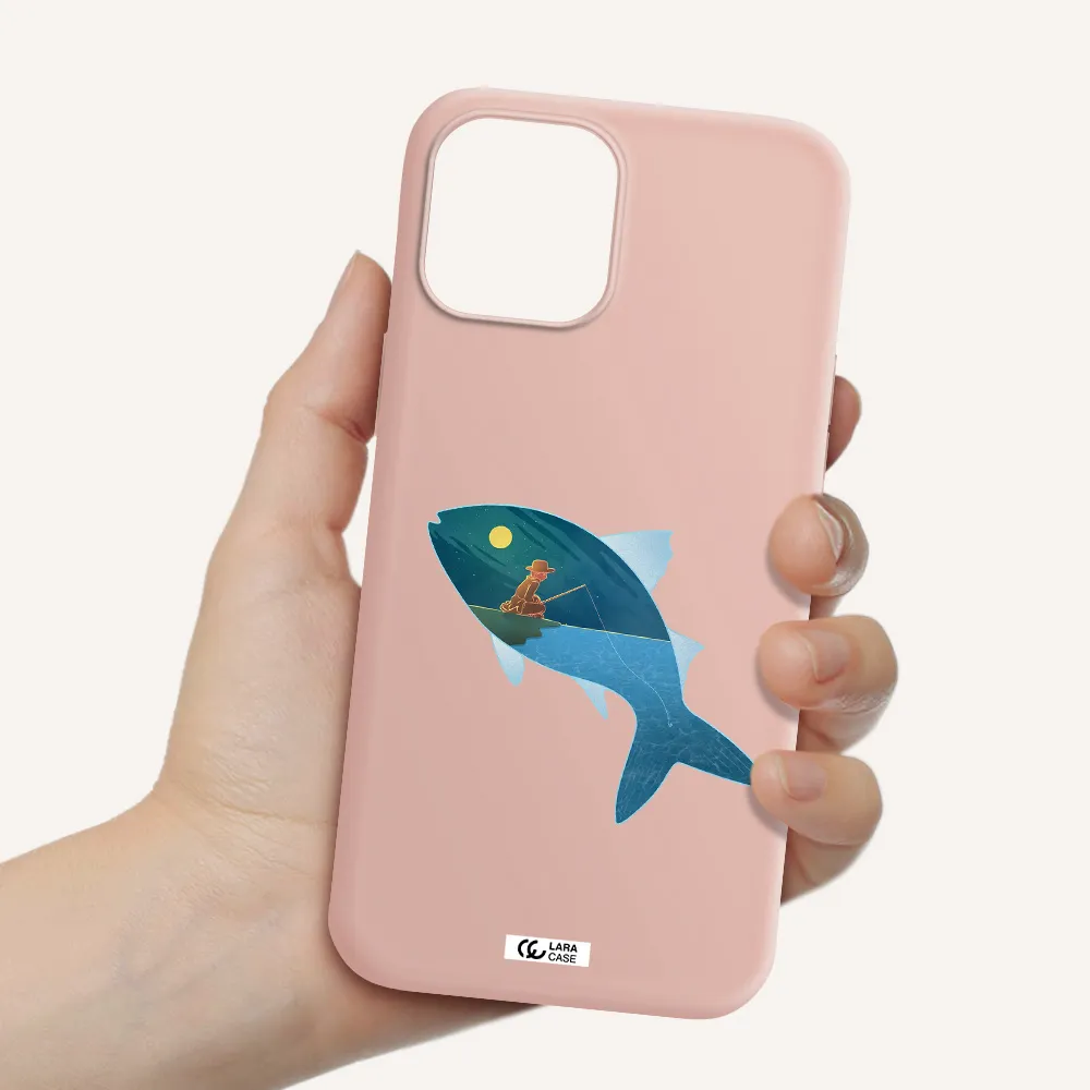 a fish with a man fishing Apple iPhone 12 pro Silicone pastel pink Case