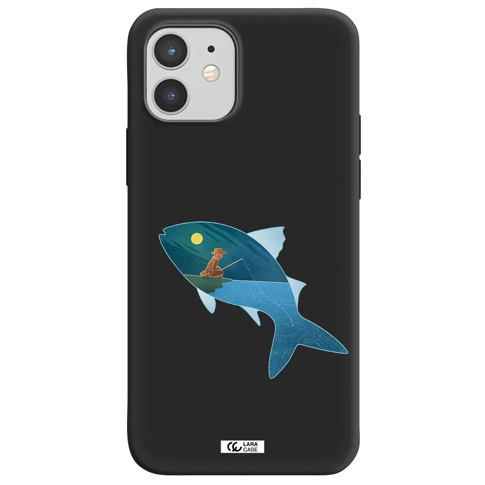a fish with a man fishing Apple iPhone 12 Silicone black Case