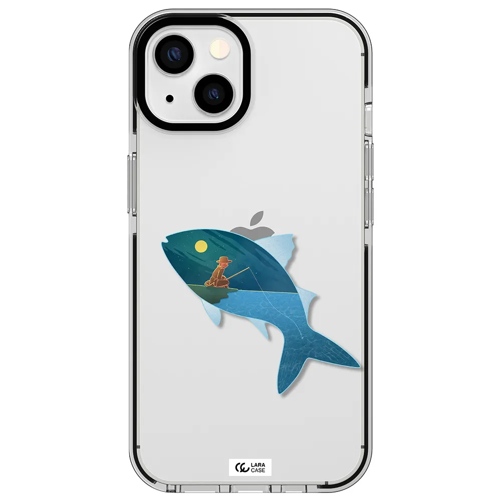 a fish with a man fishing Apple iPhone 13 impact black border Case