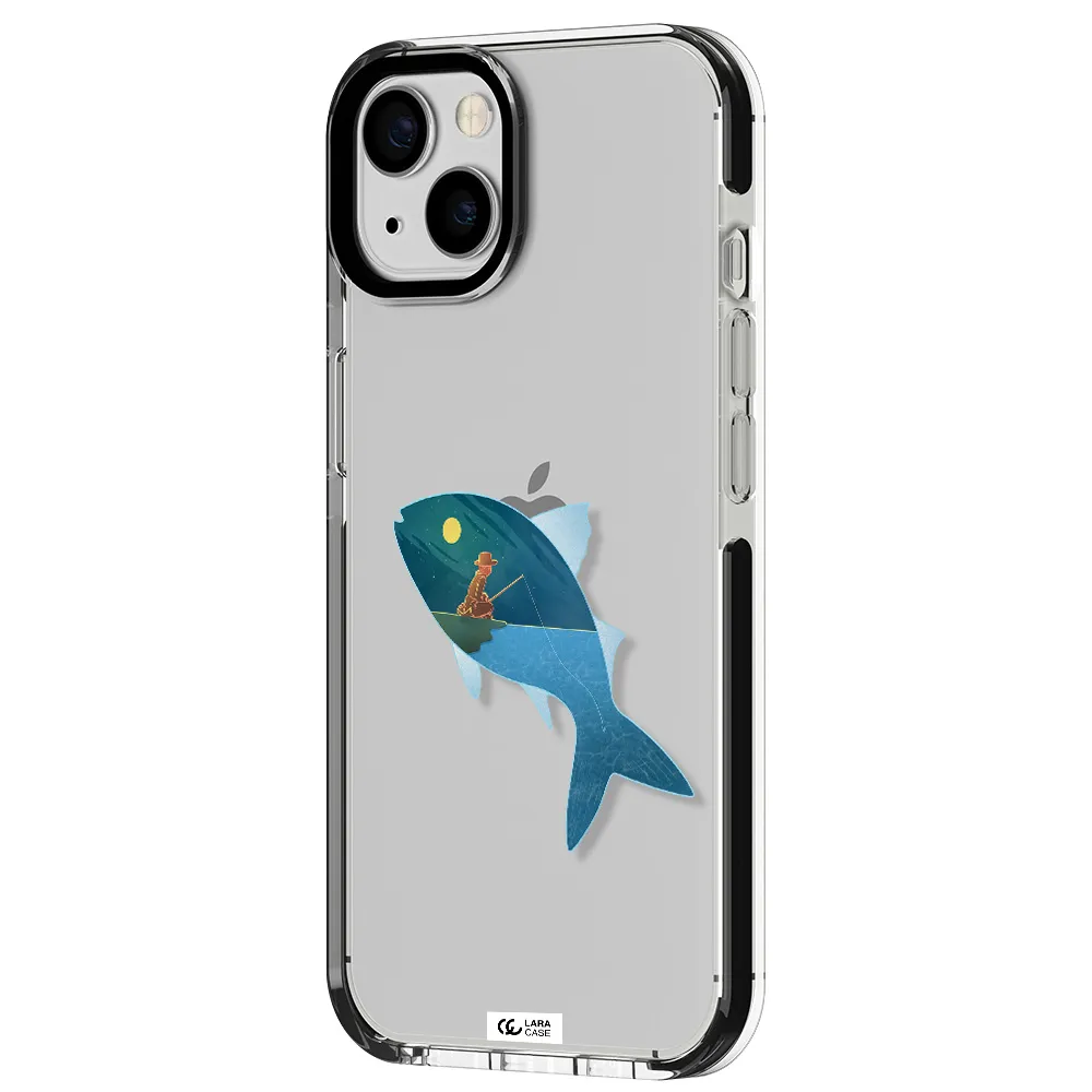 a fish with a man fishing Apple iPhone 13 impact black border Case
