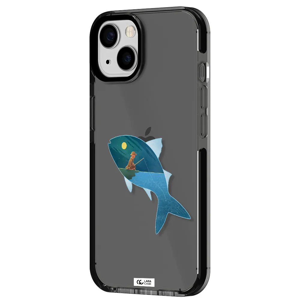 a fish with a man fishing Apple iPhone 13 impact Smoke Black Case