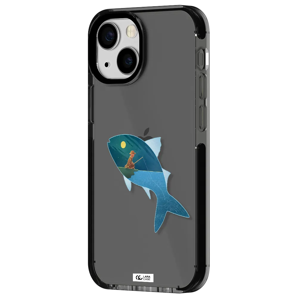 a fish with a man fishing Apple iPhone 13 mini impact Smoke Black Case
