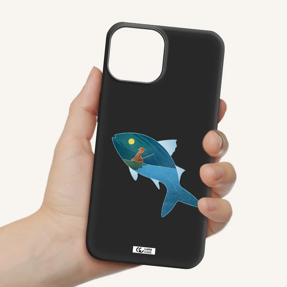 a fish with a man fishing Apple iPhone 13 mini Silicone black Case