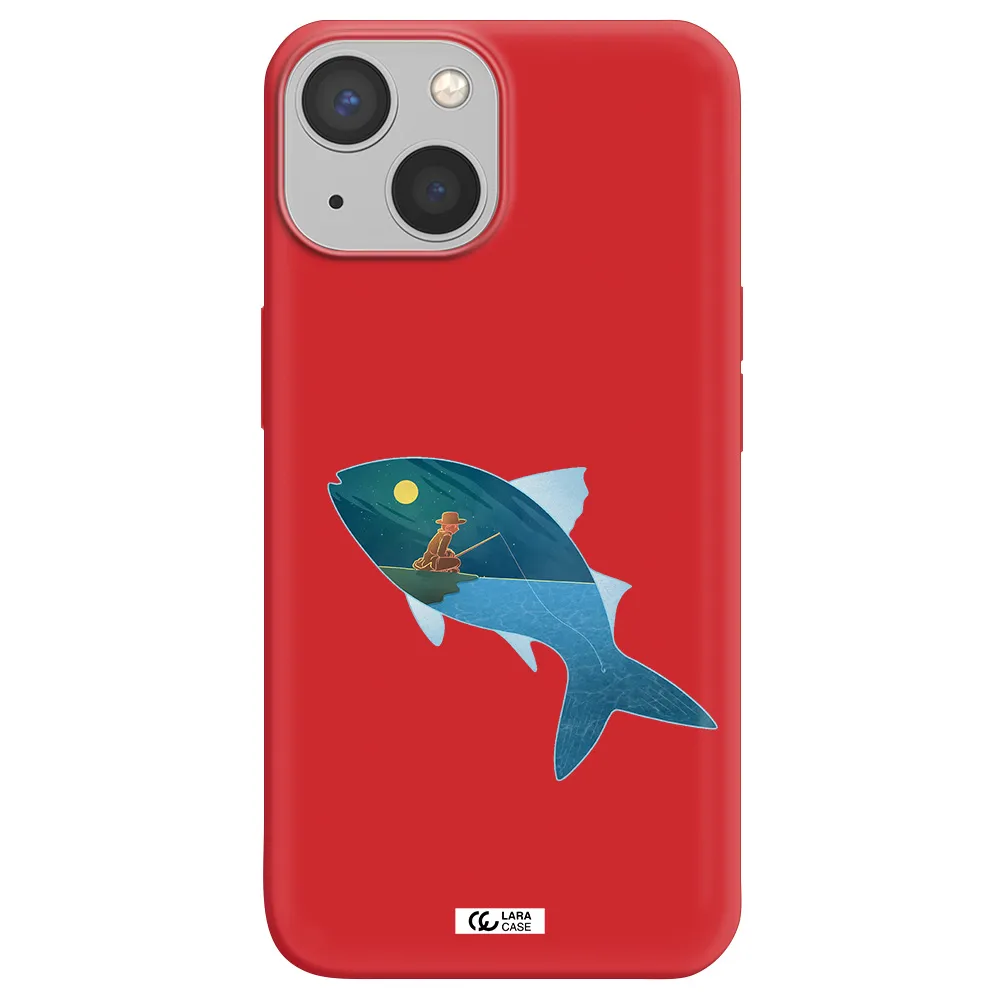 a fish with a man fishing Apple iPhone 13 mini Silicone Imperial Red Case
