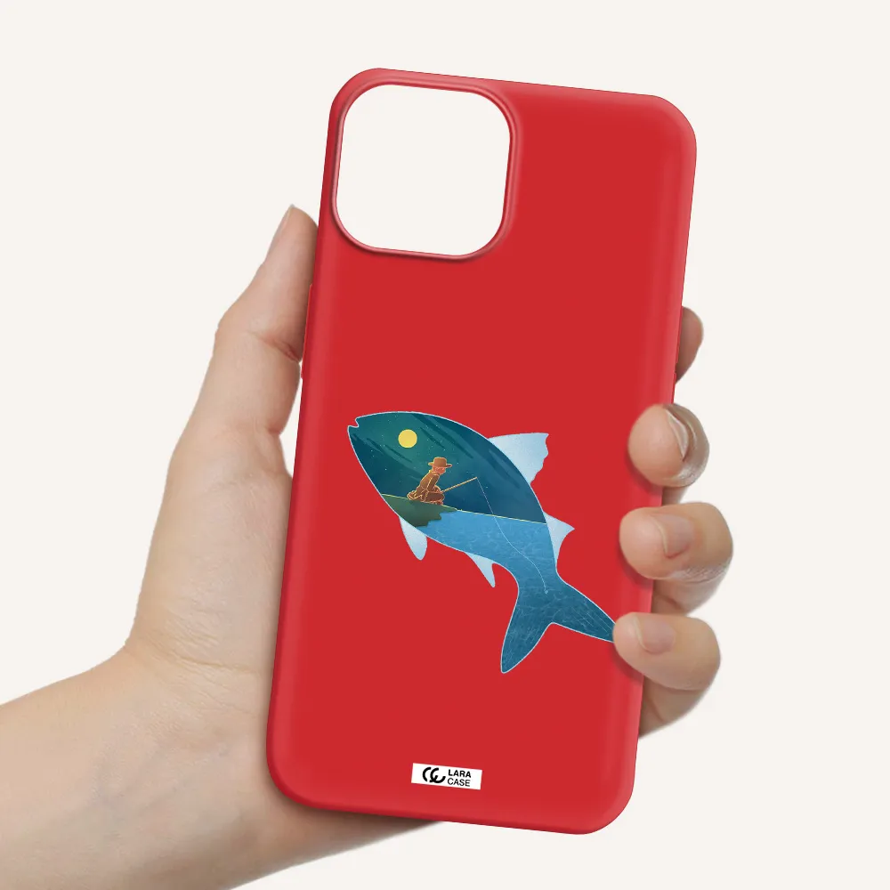 a fish with a man fishing Apple iPhone 13 mini Silicone Imperial Red Case