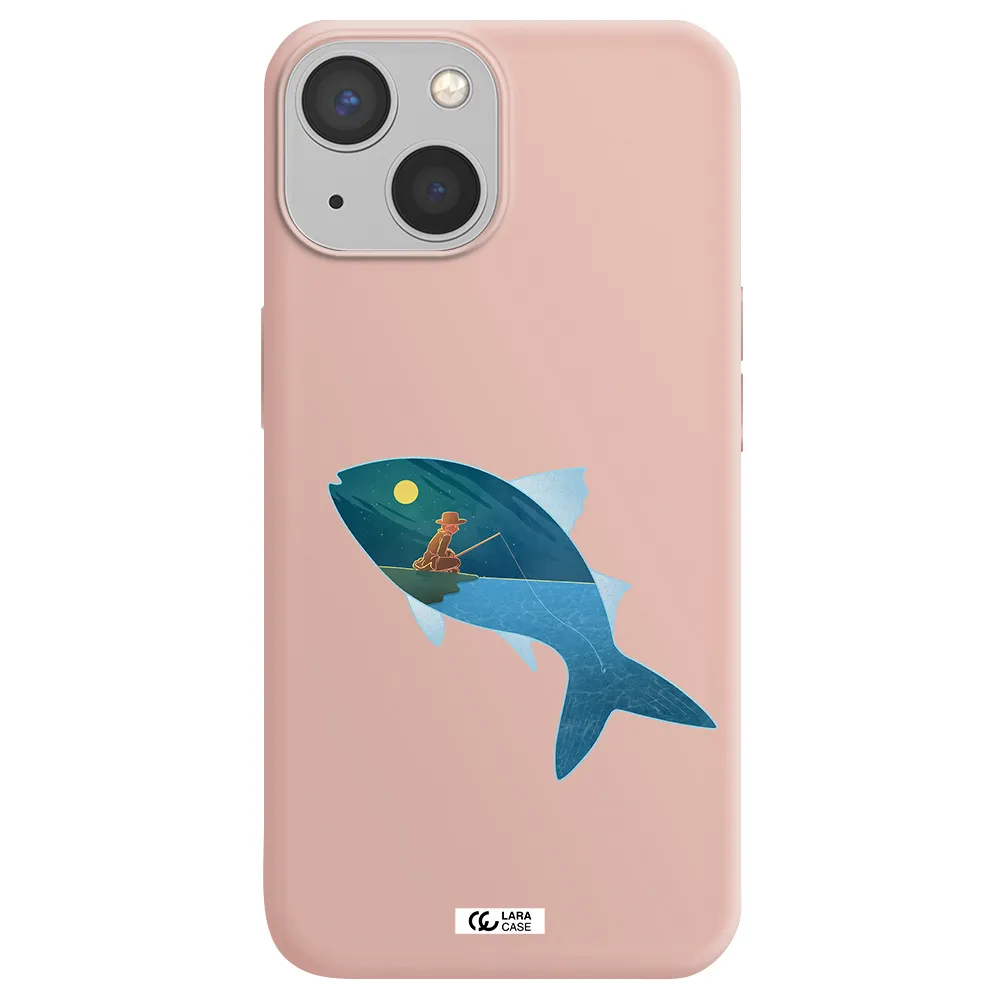 a fish with a man fishing Apple iPhone 13 mini Silicone pastel pink Case