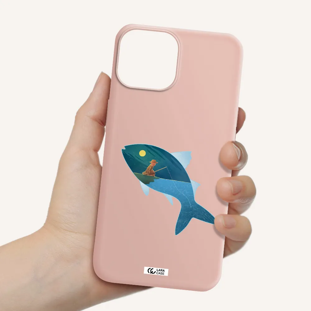 a fish with a man fishing Apple iPhone 13 mini Silicone pastel pink Case