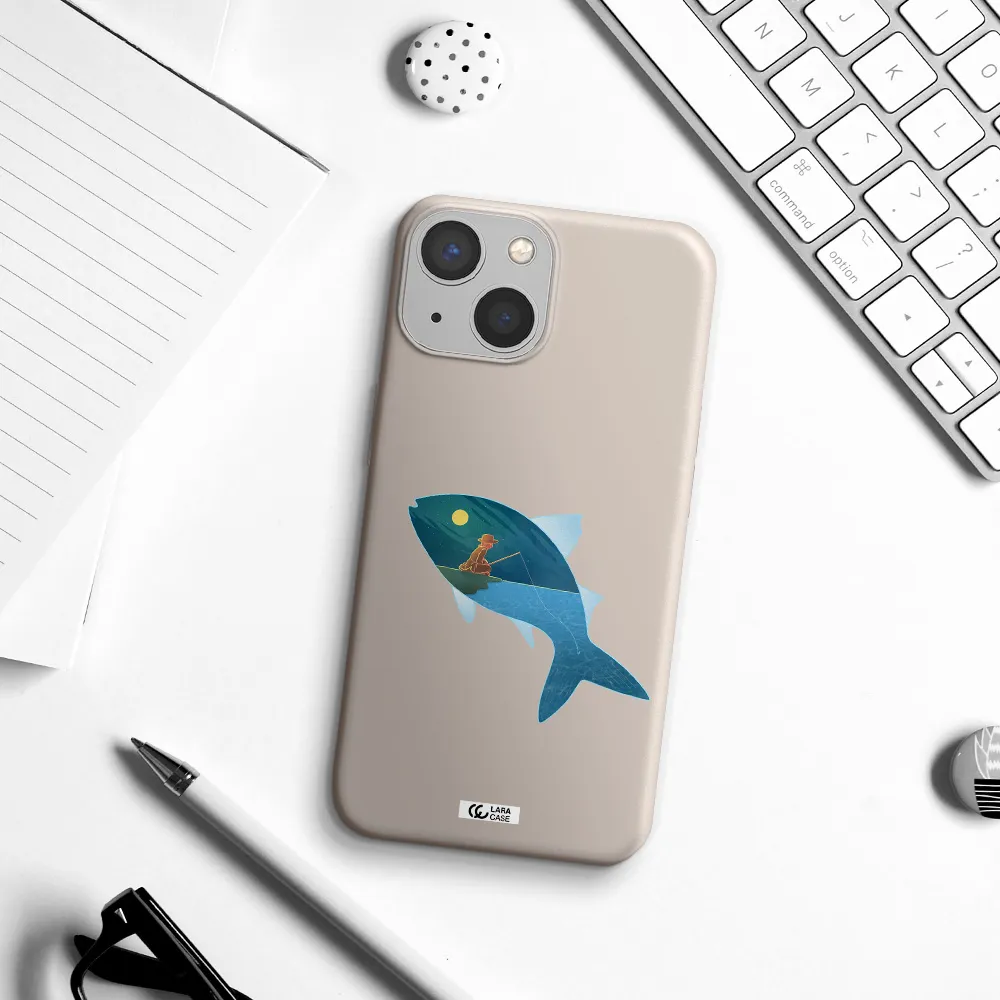 a fish with a man fishing Apple iPhone 13 mini Silicone Stone Case