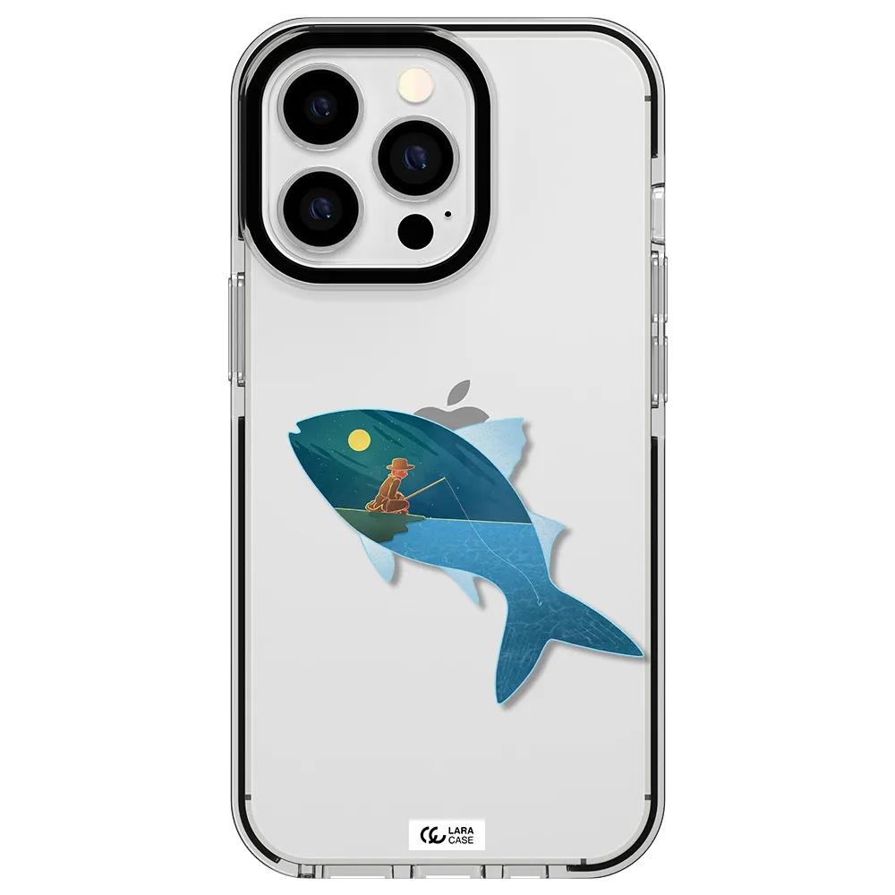 a fish with a man fishing Apple iPhone 13 Pro impact black border Case