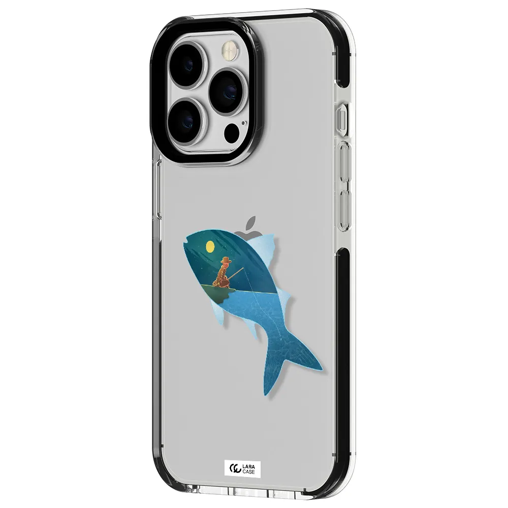 a fish with a man fishing Apple iPhone 13 Pro impact black border Case
