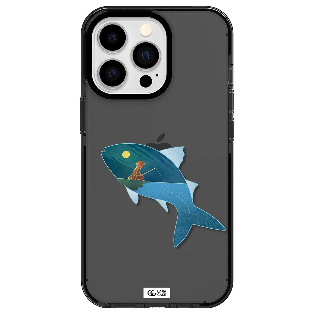 a fish with a man fishing Apple iPhone 13 Pro impact Smoke Black Case
