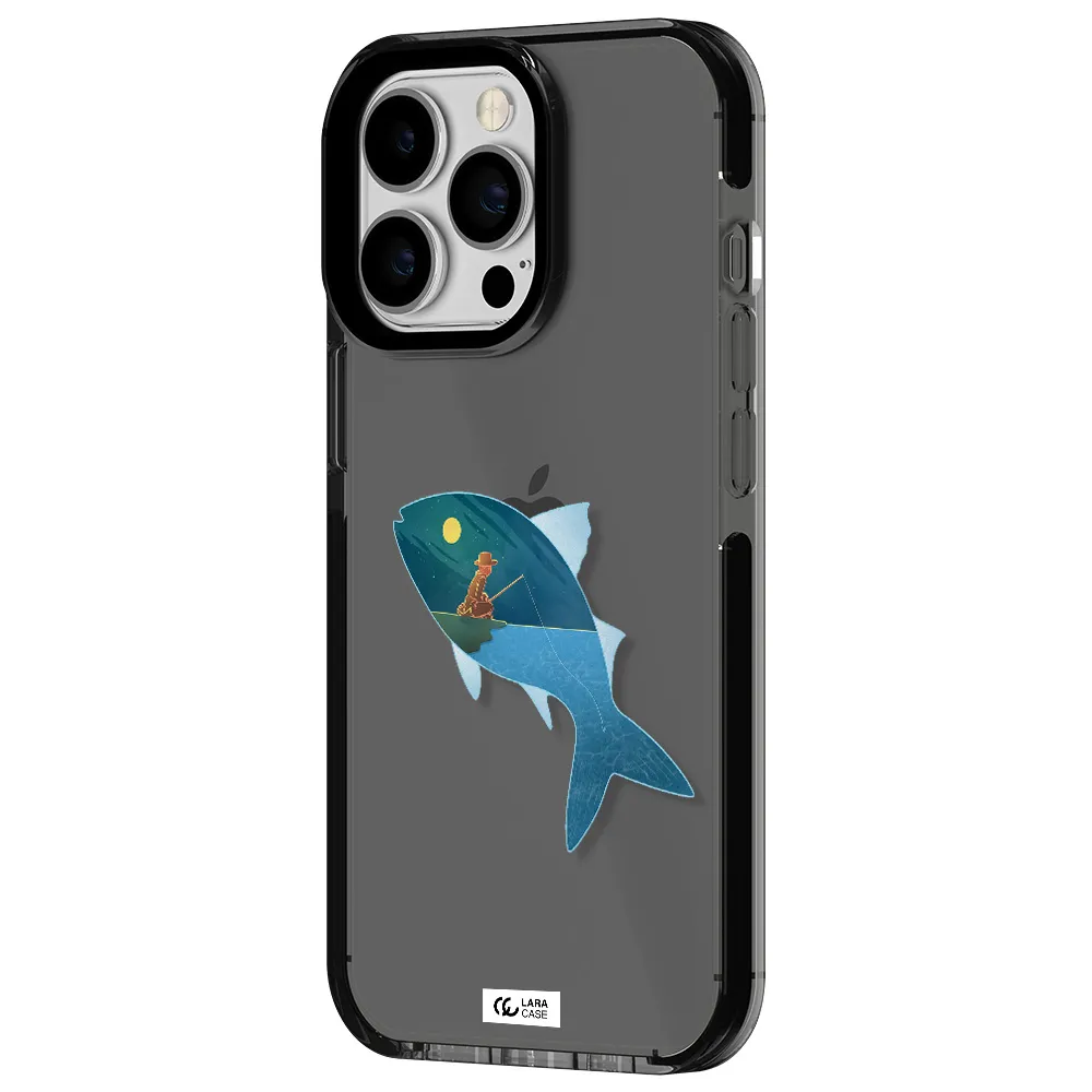 a fish with a man fishing Apple iPhone 13 Pro impact Smoke Black Case