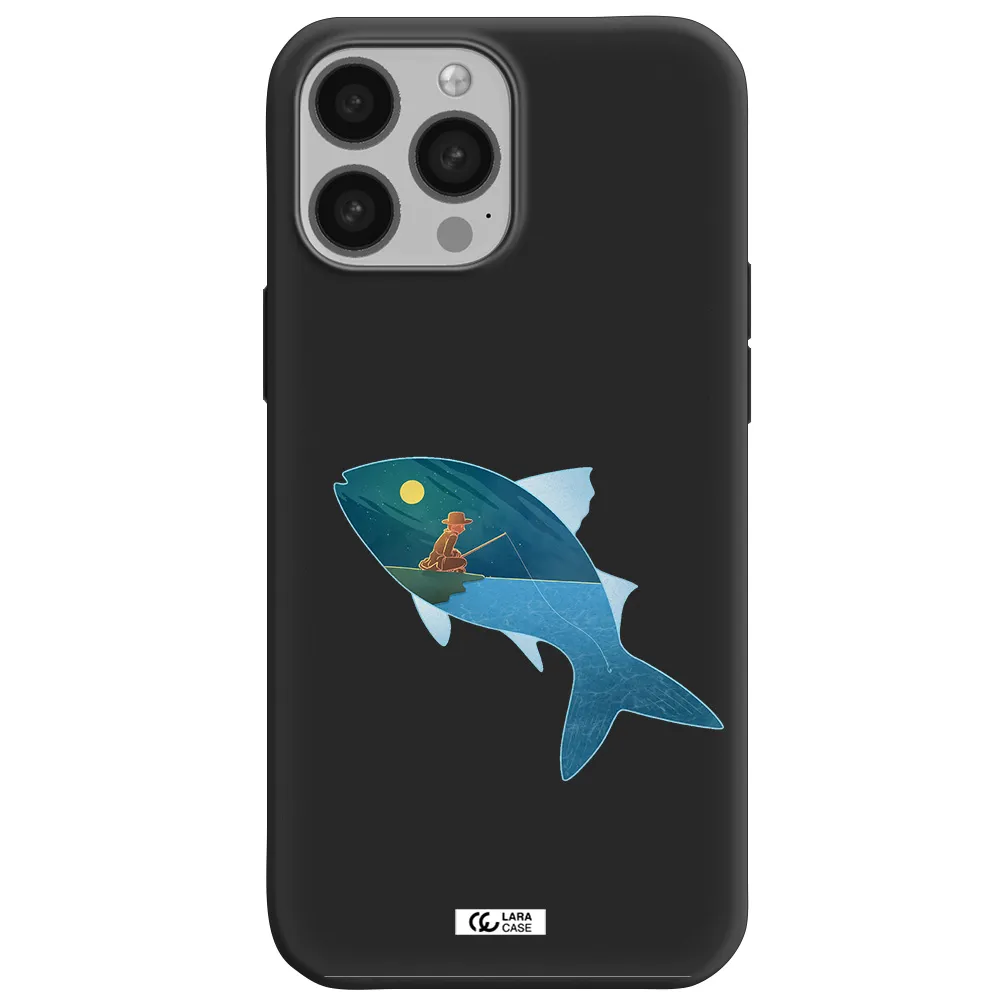 a fish with a man fishing Apple iPhone 13 Pro Max Silicone black Case
