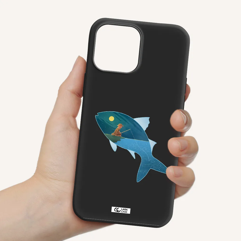 a fish with a man fishing Apple iPhone 13 Pro Max Silicone black Case