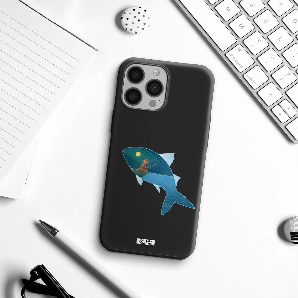 a fish with a man fishing Apple iPhone 13 Pro Max Silicone black Case