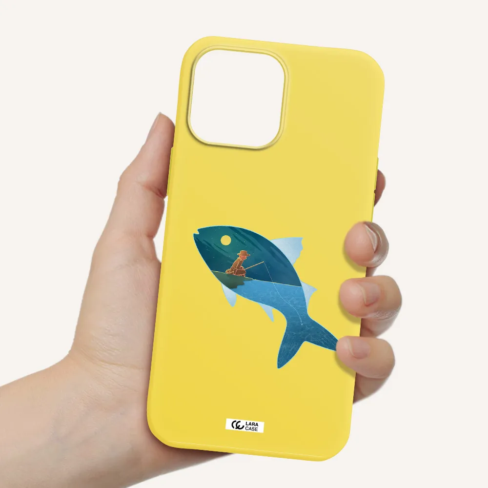a fish with a man fishing Apple iPhone 13 Pro Max Silicone canary yellow Case