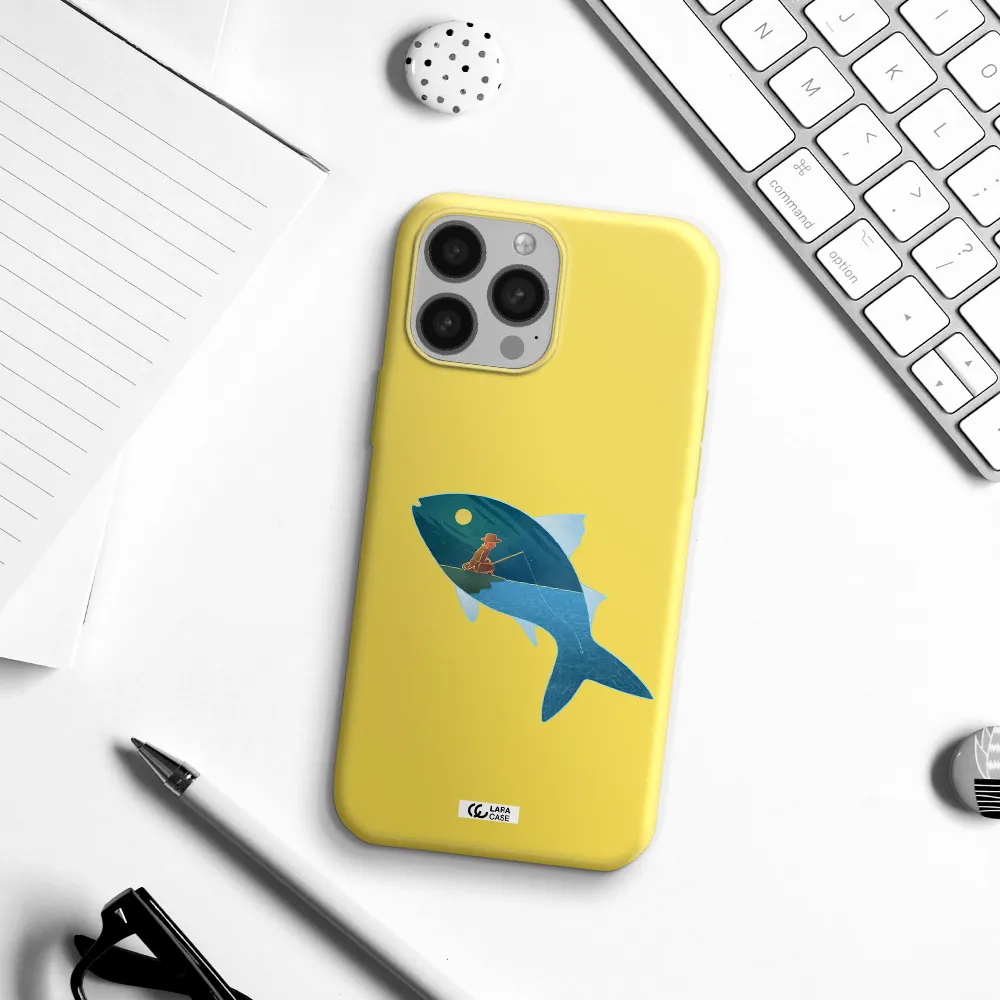 a fish with a man fishing Apple iPhone 13 Pro Max Silicone canary yellow Case