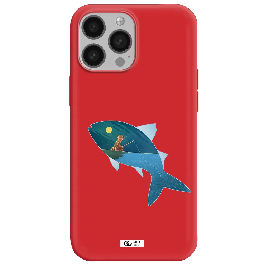 a fish with a man fishing Apple iPhone 13 Pro Max Silicone Imperial Red Case