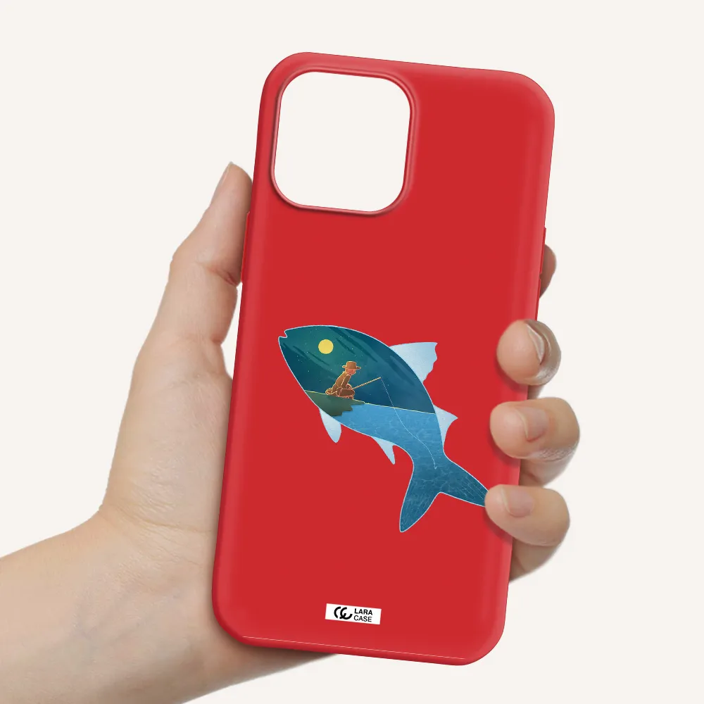 a fish with a man fishing Apple iPhone 13 Pro Max Silicone Imperial Red Case