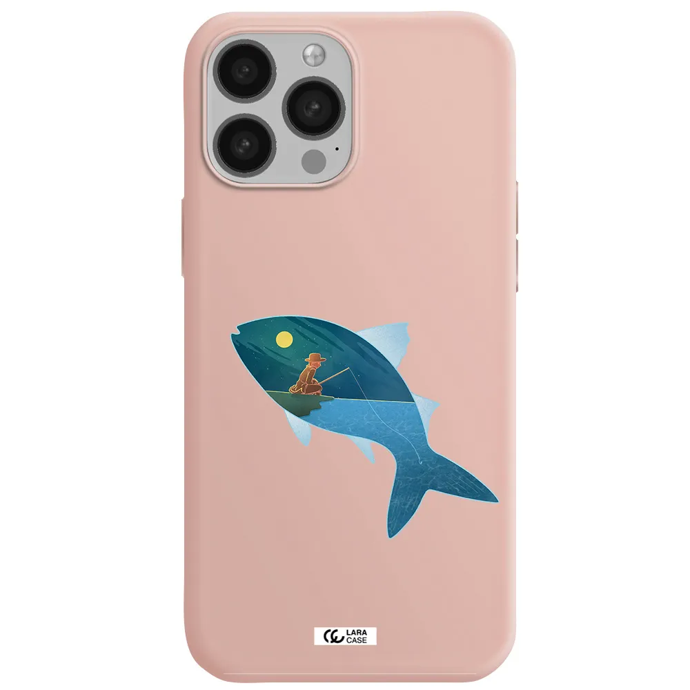 a fish with a man fishing Apple iPhone 13 Pro Max Silicone pastel pink Case