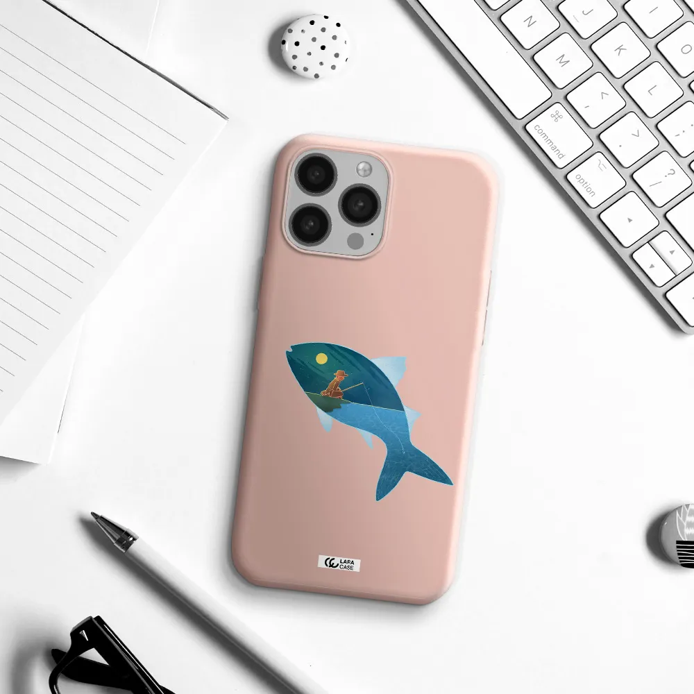 a fish with a man fishing Apple iPhone 13 Pro Max Silicone pastel pink Case