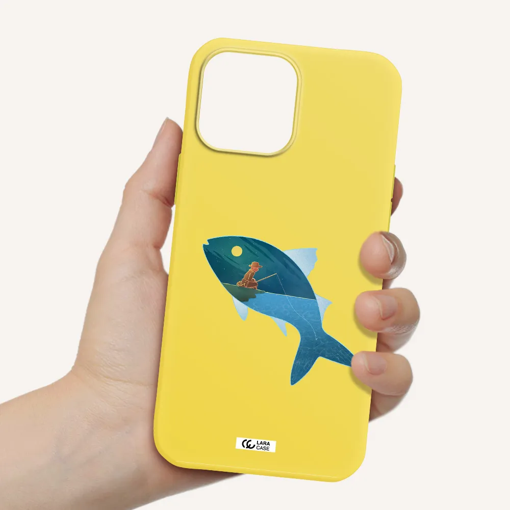 a fish with a man fishing Apple iPhone 13 Pro Silicone canary yellow Case