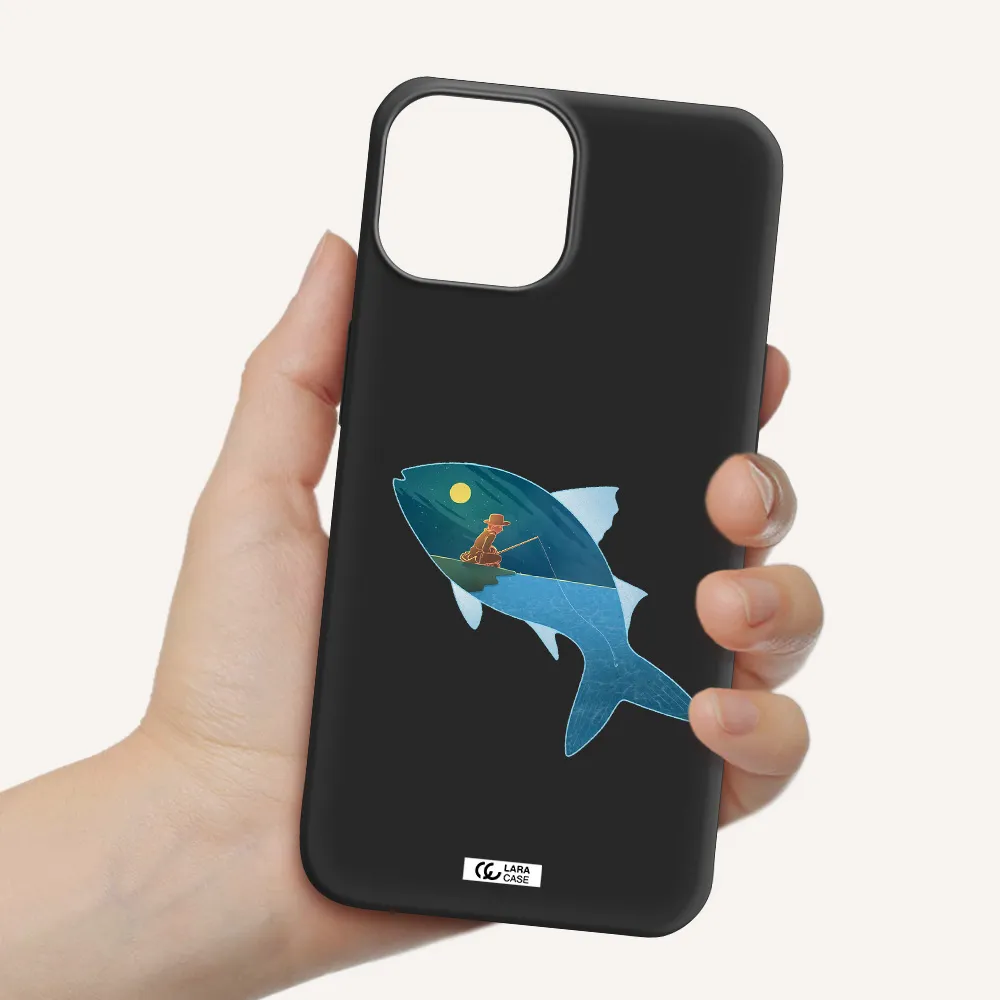 a fish with a man fishing Apple iPhone 13 Silicone black Case