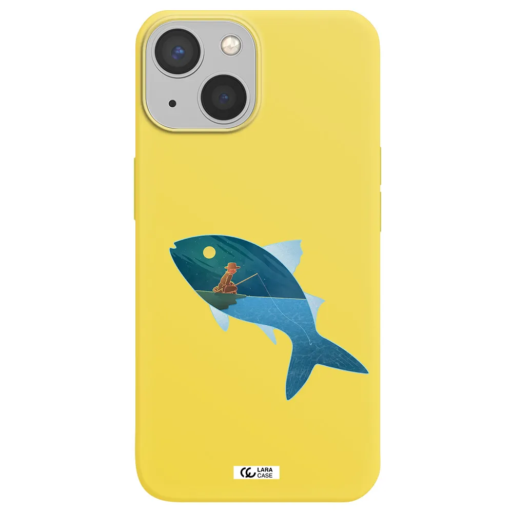 a fish with a man fishing Apple iPhone 13 Silicone canary yellow Case
