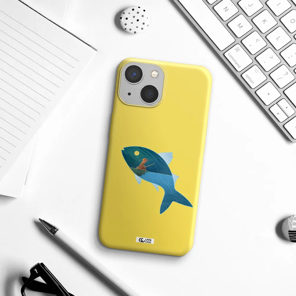 a fish with a man fishing Apple iPhone 13 Silicone canary yellow Case