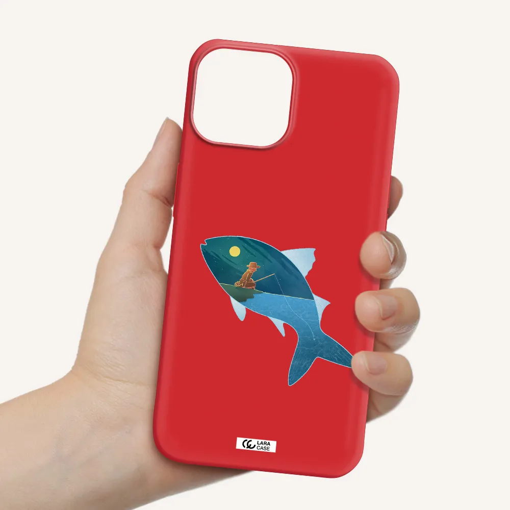 a fish with a man fishing Apple iPhone 13 Silicone Imperial Red Case